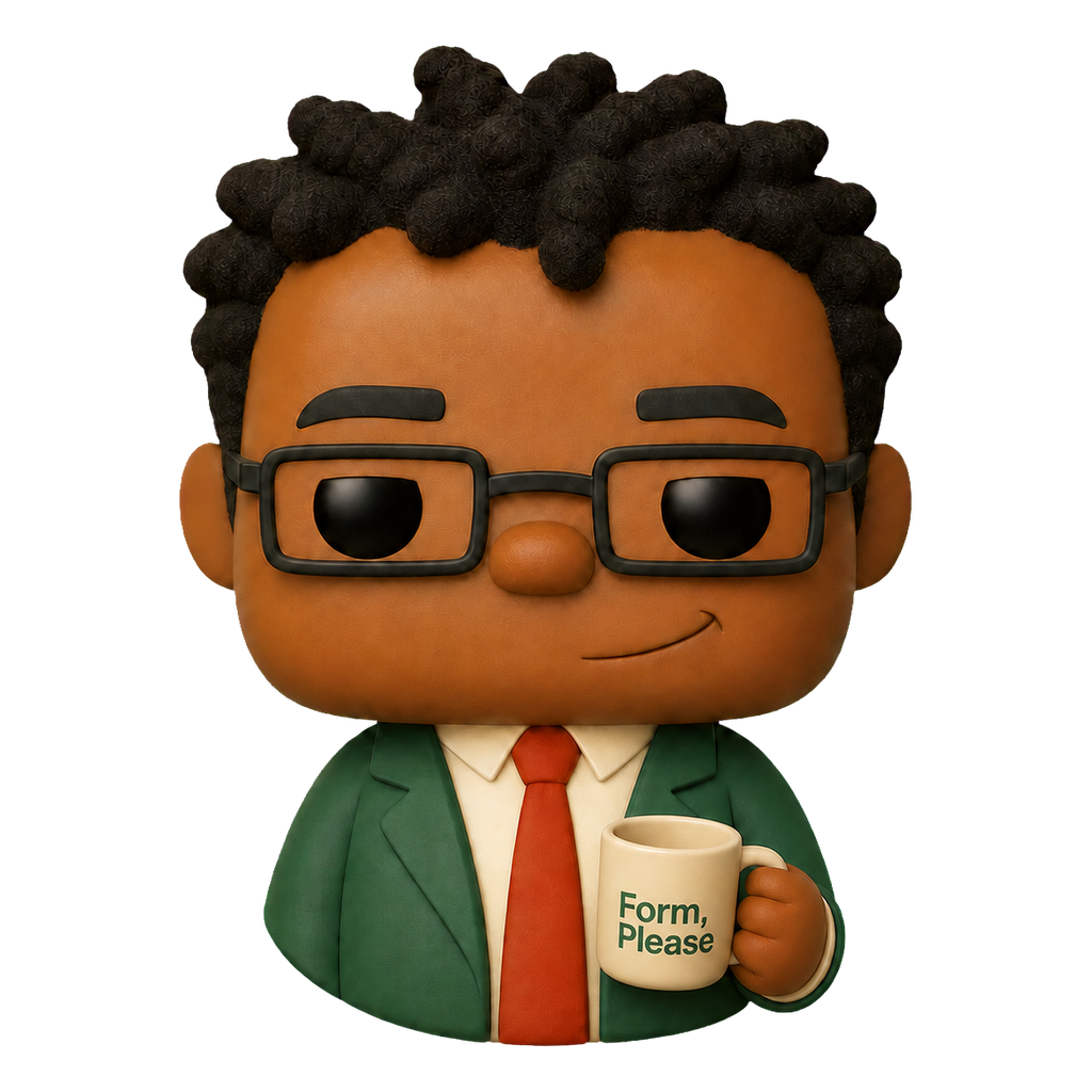Form, Please mascot holding a coffee mug